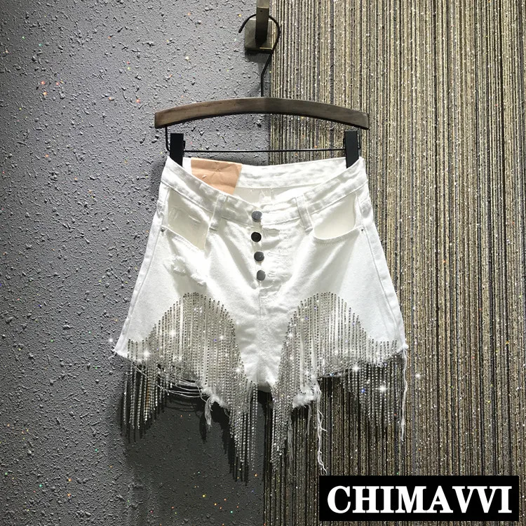 

Europe 2019 Summer New High Waist Row Buckle Rhinestone Tassel Chain Slim White Denim Shorts Women Students Jean Shorts