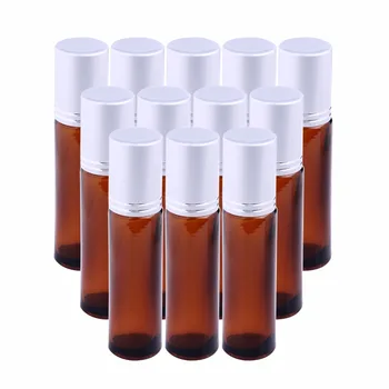 

10pcs Amber Glass Essential Oil Roller Ball Bottles 10ml Amethyst Stone Roll On Perfume Bottles Refillable Portable Silver Caps