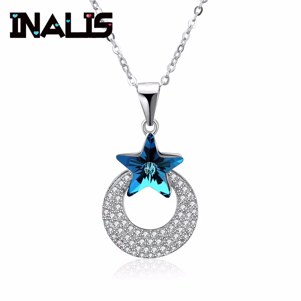 

INALIS Luxurious Necklace S925 Sterling Silver Micro Paved Tiny Shining CZ with Blue Natural Crystal Star Round Shape Pendant