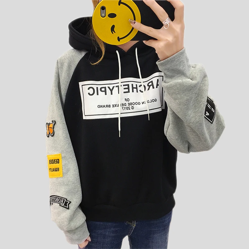 Новинка 2018 Осень зима с вышитыми буквами и бабочками версия Харадзюку свободный
