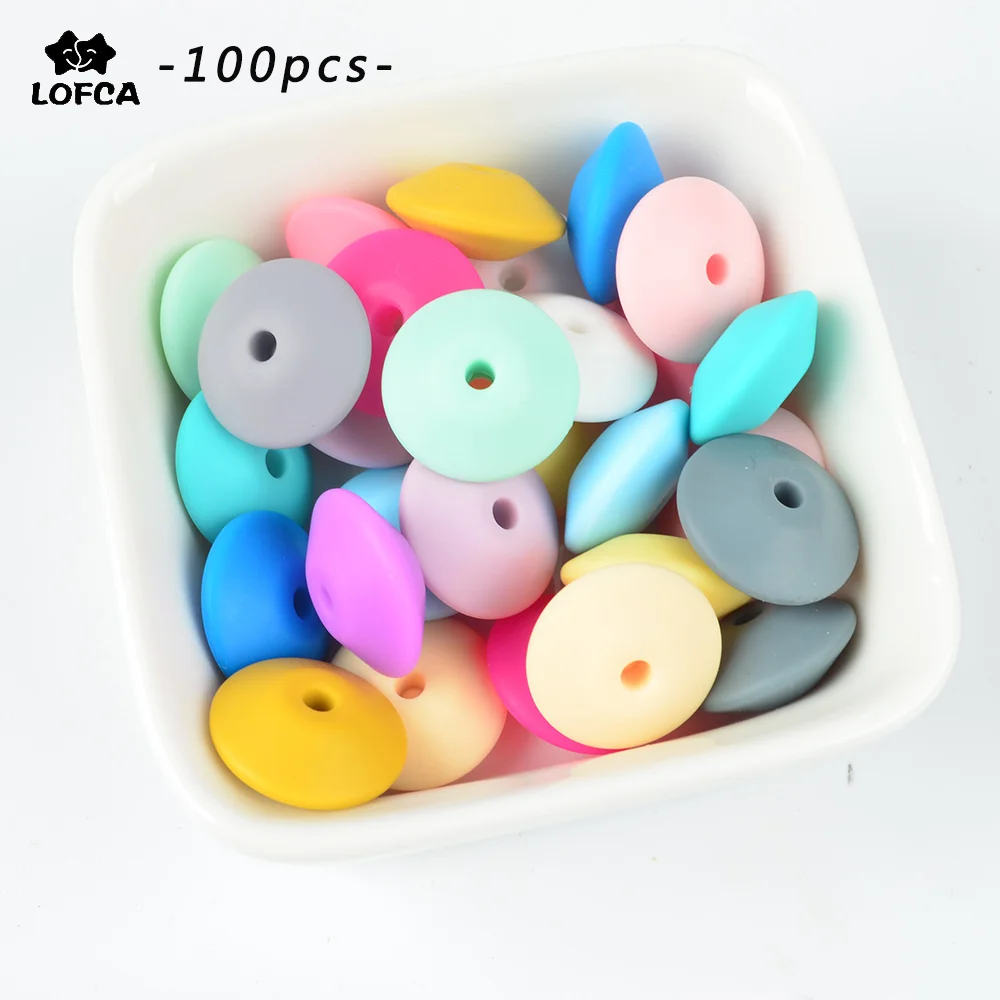

LOFCA Wholesale 100pcs Silicone Lentil Beads 12/15mm Loose Silicone Beads Baby Teether BPA Safe DIY Bead For Teething Necklace