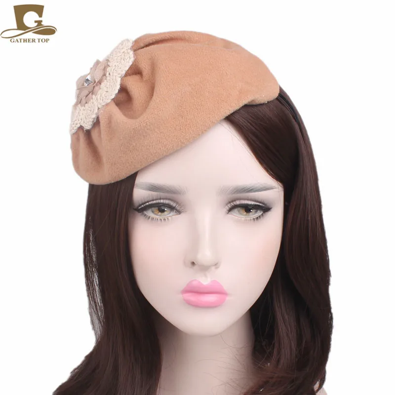 New Fashion Sweet flower wool felt beret cap Hair Hoop hair band bow