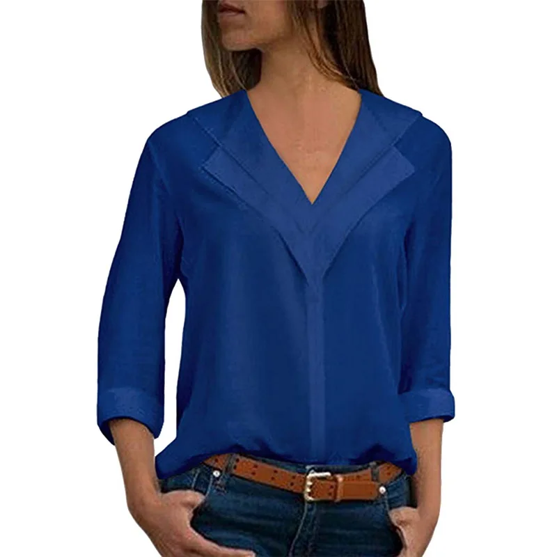 LAAMEI Новая женская блузка с длинным рукавом, Повседневная Уличная однотонная Повседневная блуза с v-образным вырезом, шифоновая блузка, женские топы - Цвет: Синий