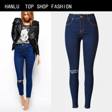 HANLU Spring Hot Fashion hole ripped jeans women pants denim vintage straight jeans for girl casual pants female Women’s Jeans
