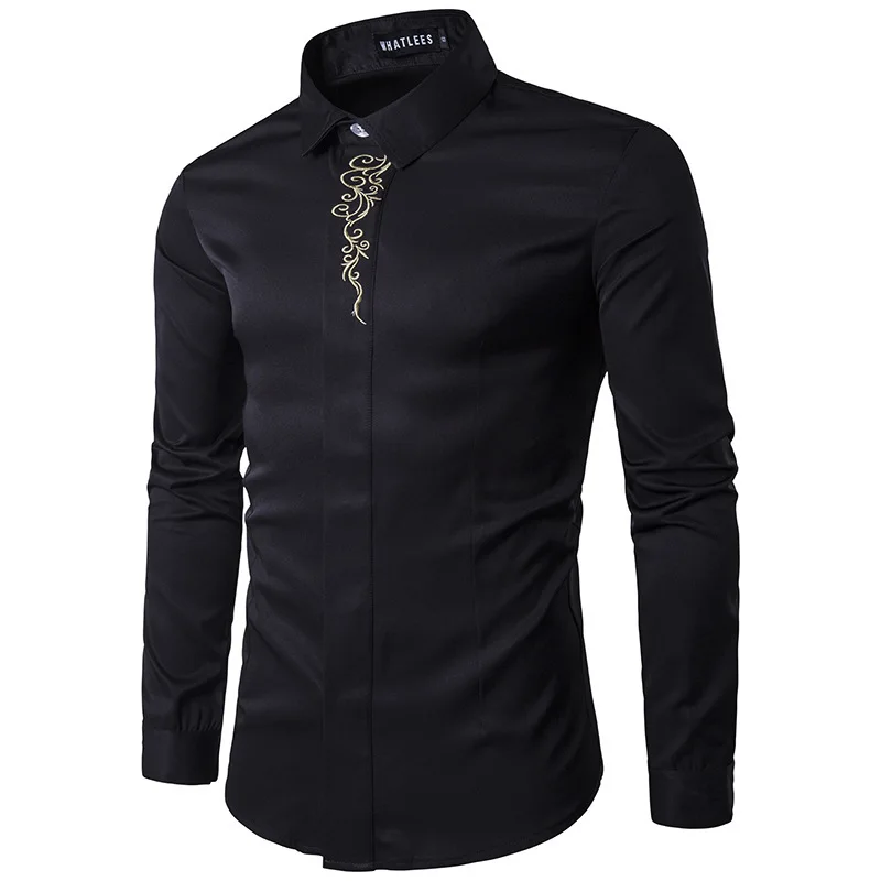 

Embroidery Shirt Men Smart Casual Shirts Mens Long Sleeve Casual Shirt Slim Fit Cotton 2019 Spring Mens Tops Black J0197