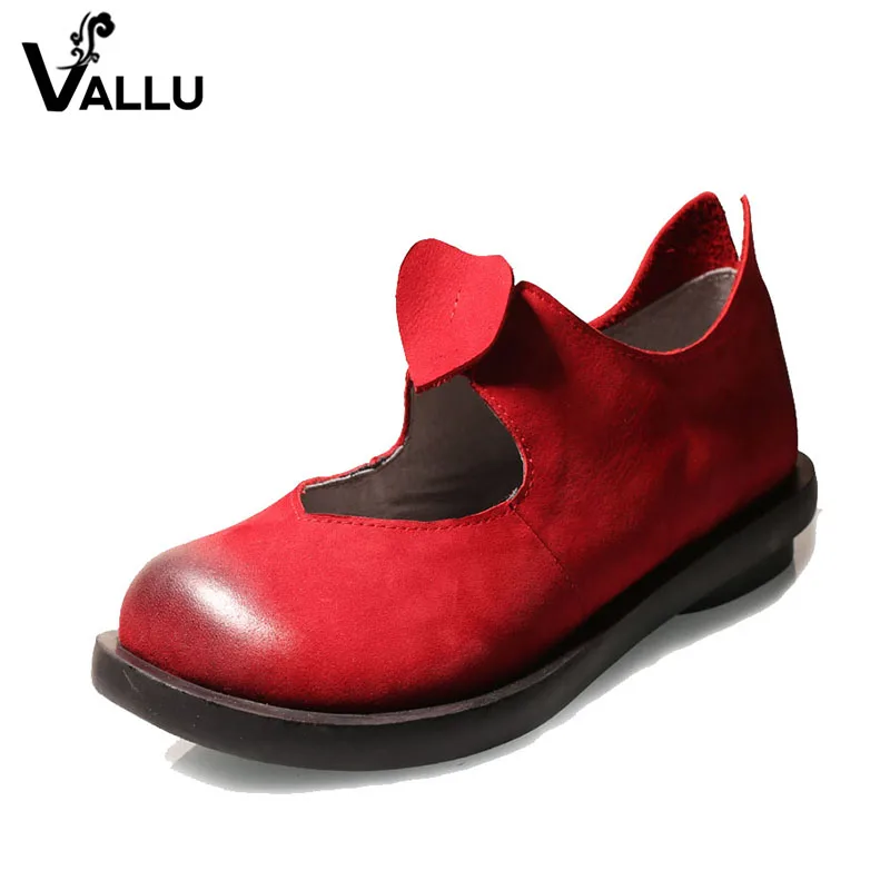 Goedkoop 2018 Lente Handgemaakte Vintage Vrouwen Flats Koe Suède Ronde Tenen Comfortabele Vrouwen Schoenen Rood Zwart Koffie