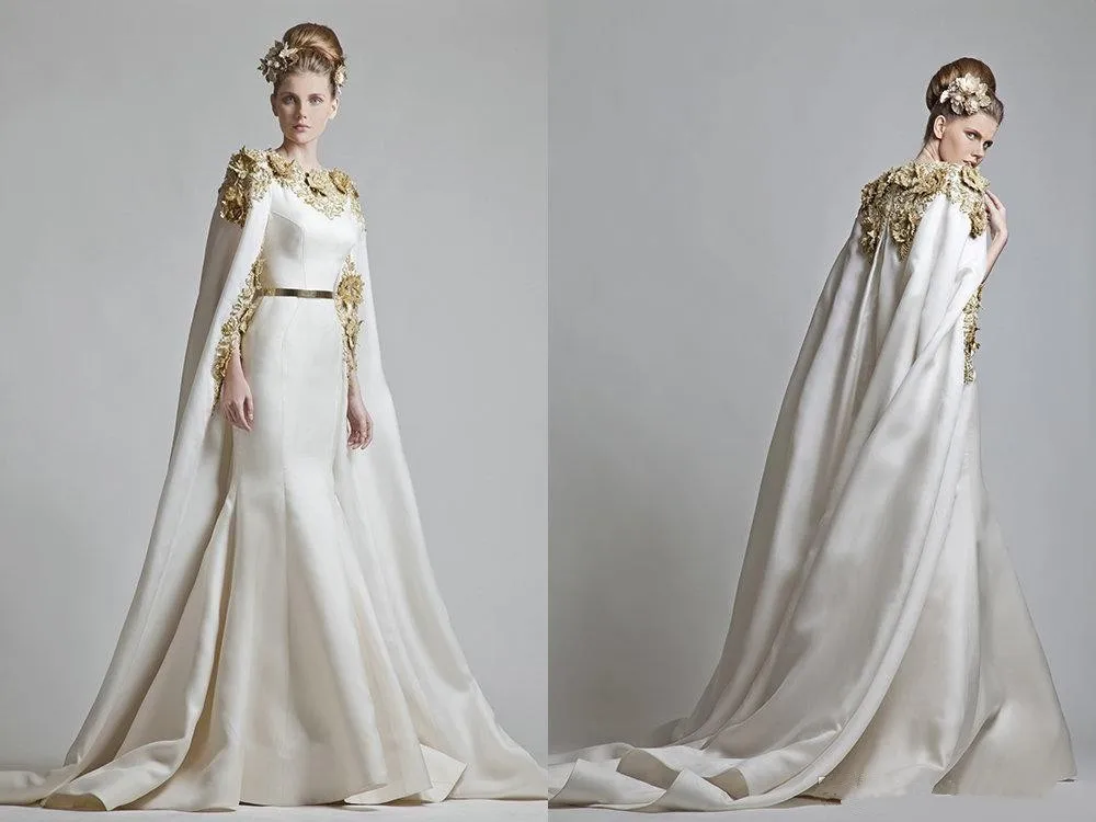 

Fabulous Wedding Dresses 2017 Vintage Gold Applique Matte Sashes Satin Court Train Mermaid Bridal Gown With Cape