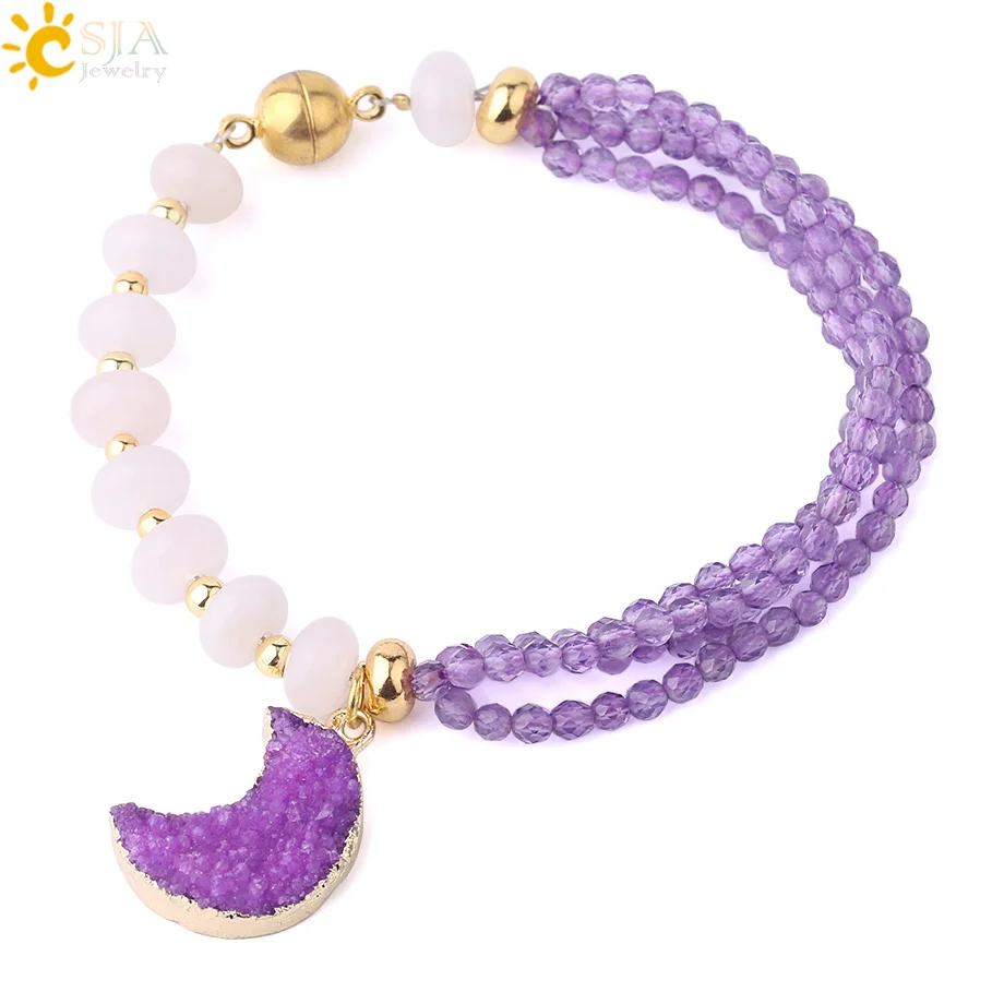 

CSJA Natural Stone Pink Quartz Purple Crystal Charm Bracelet Magnetic Clasp 4 Layers Mini Bead Healing Balance Women Bangle F821