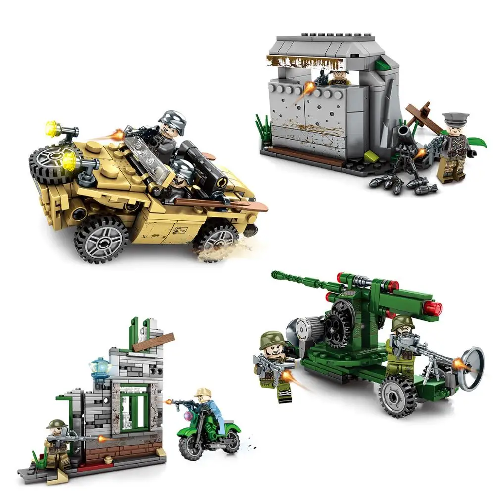 

4sets/lot military ww2 german army soldiers aircraft gun,Amphibious off-road vehicle,Bunker Building Blocks Kids Toys Gifts