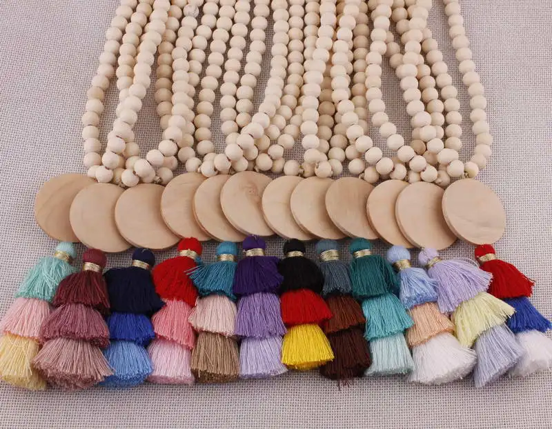 Personalized Wood Tassel Necklace 2018 New Trendy Monogram Blank Bohemian Hula Tassel Pendant Long Necklace for Women Jewelry - Image 6