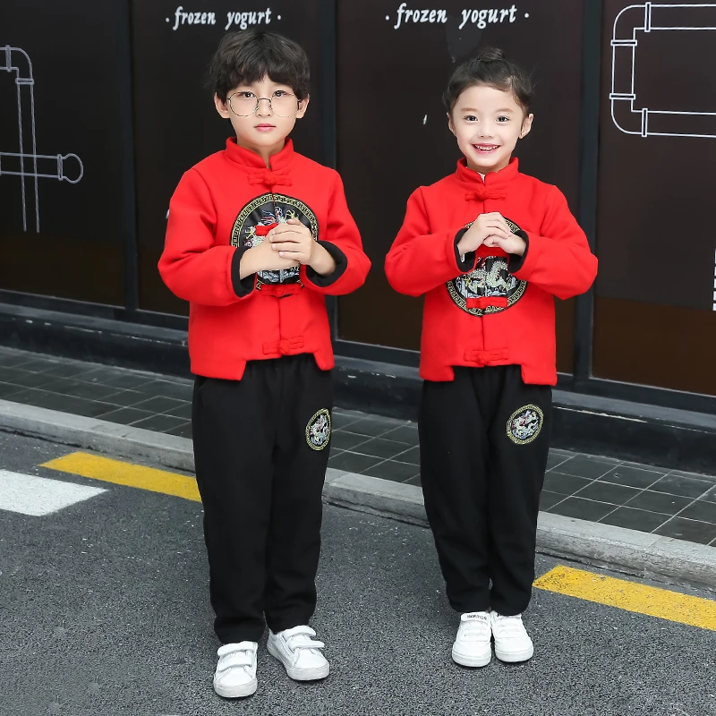 

3-11 years old boys and girls Chinese traditional New Year clothing kids clothes sets Thick velvet embroidery Spring Festiva