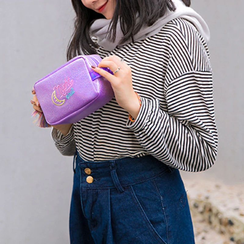 Блестящая кожаная женская косметичка с кисточками дорожный мешочек для