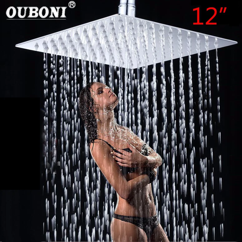 

OUBONI 12 Inch Square Stainless Steel Super Ultra Thin Shower Head Rainfall Shower Head Rain Shower Chrome Polish