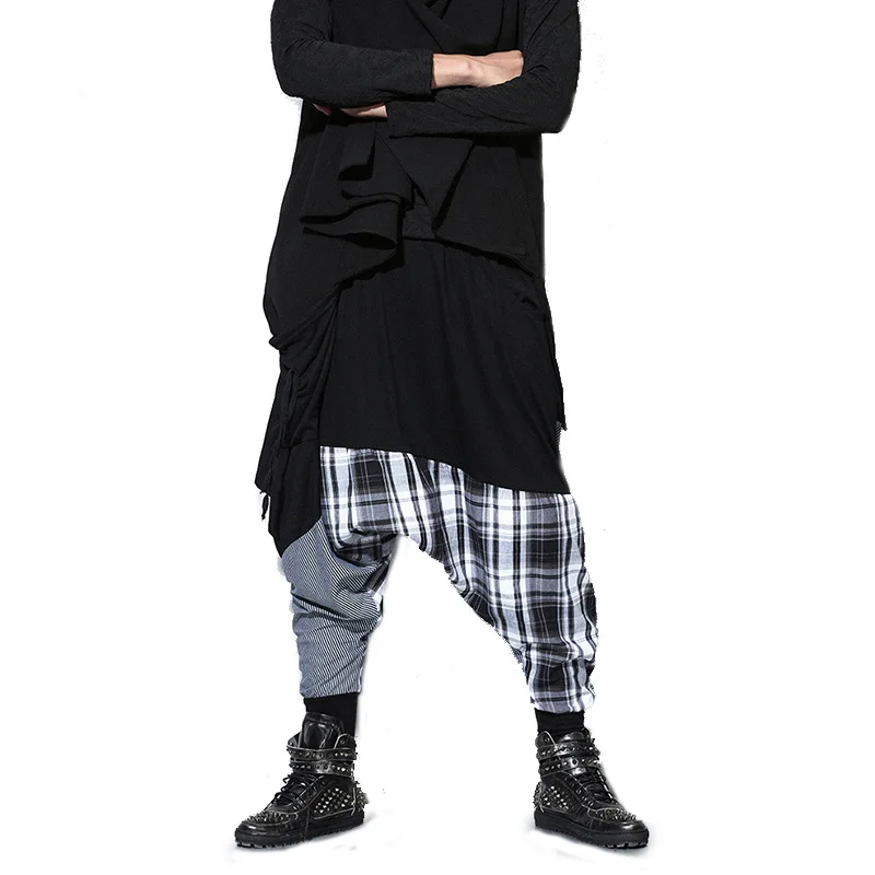 Хип-хоп Танцевальные Мешковатые Джоггеры мужские Лоскутные Спортивные штаны клетчатые уличные брюки хлопковые смешанные повседневные шаровары мужские - Цвет: Черный