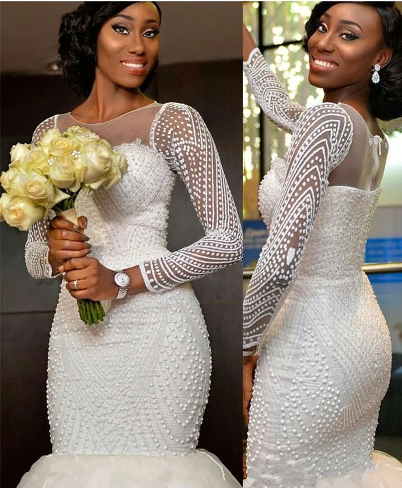 

Long Sleeves Mermaid Wedding Dress Plus Size Wedding Dress Beading Sequined Bride Dress Pearls Wedding Gowns