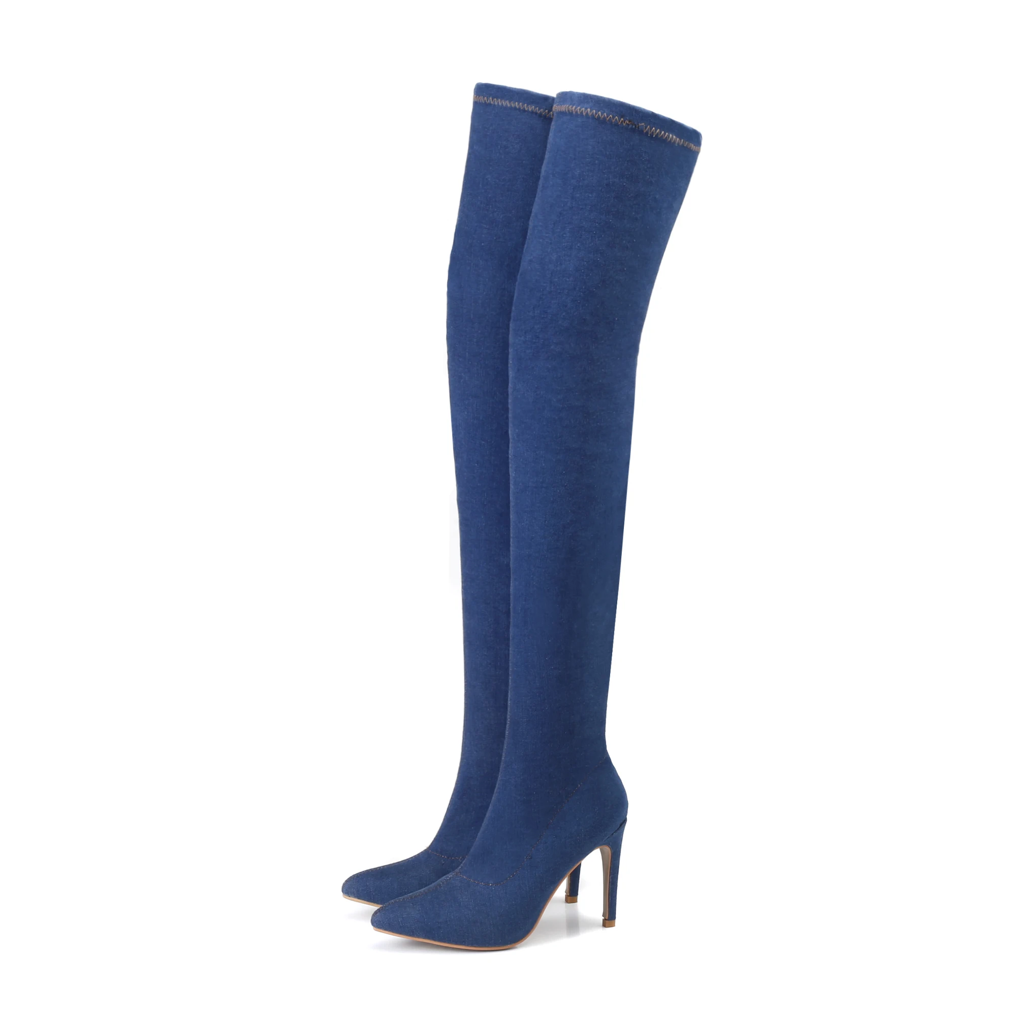 Женские сапоги выше колена из джинсовой ткани; удобные женские сапоги до бедра; женская обувь на тонком каблуке; botas mujer; сезон весна-осень - Цвет: Синий