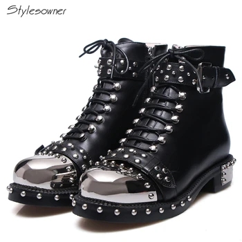 

Stylesowner Motorcycle Snow Boots Punk Genuine Leather Boots Women Rivets Square Heels Autumn Winter Ankle Boots Sexy BotasShoes