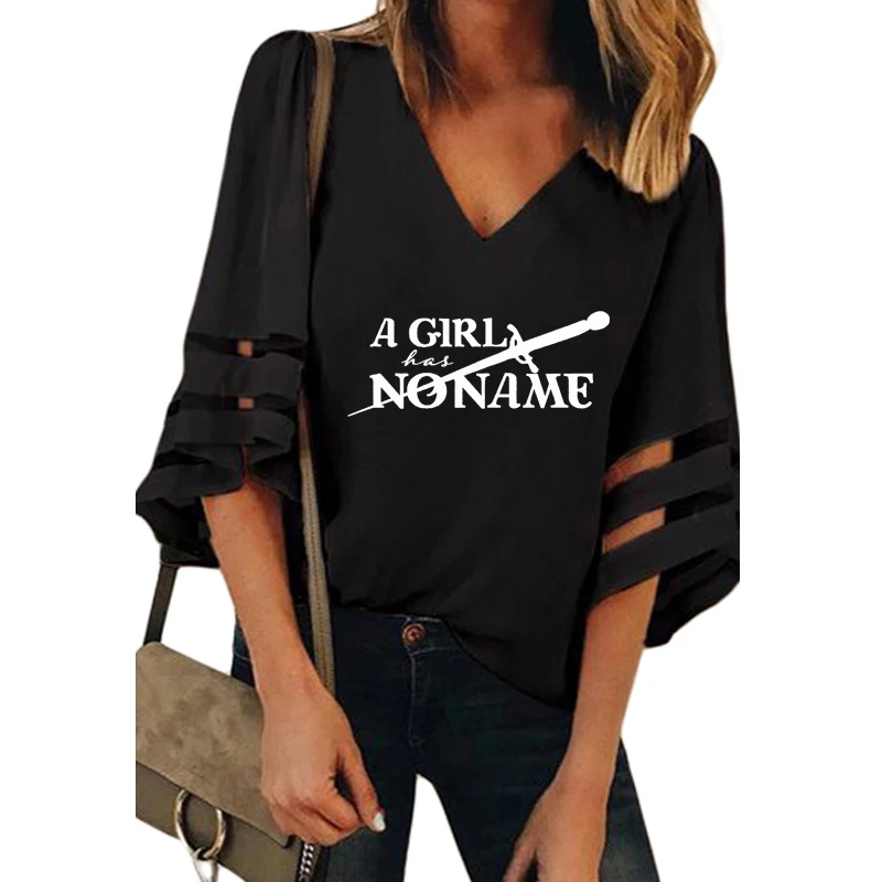 

A Girl Has No Name Game of Thrones Print Shirt Female Harajuku Half Sleeves V-Neck Bell Sleeve Splice T-Shirt Women Femme Tops