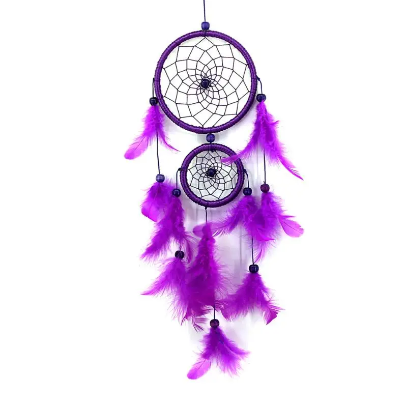 Ловец снов из перьев двойное кольцо фиолетовый колокольчики настенный, для дома Декор автомобиля ремесло