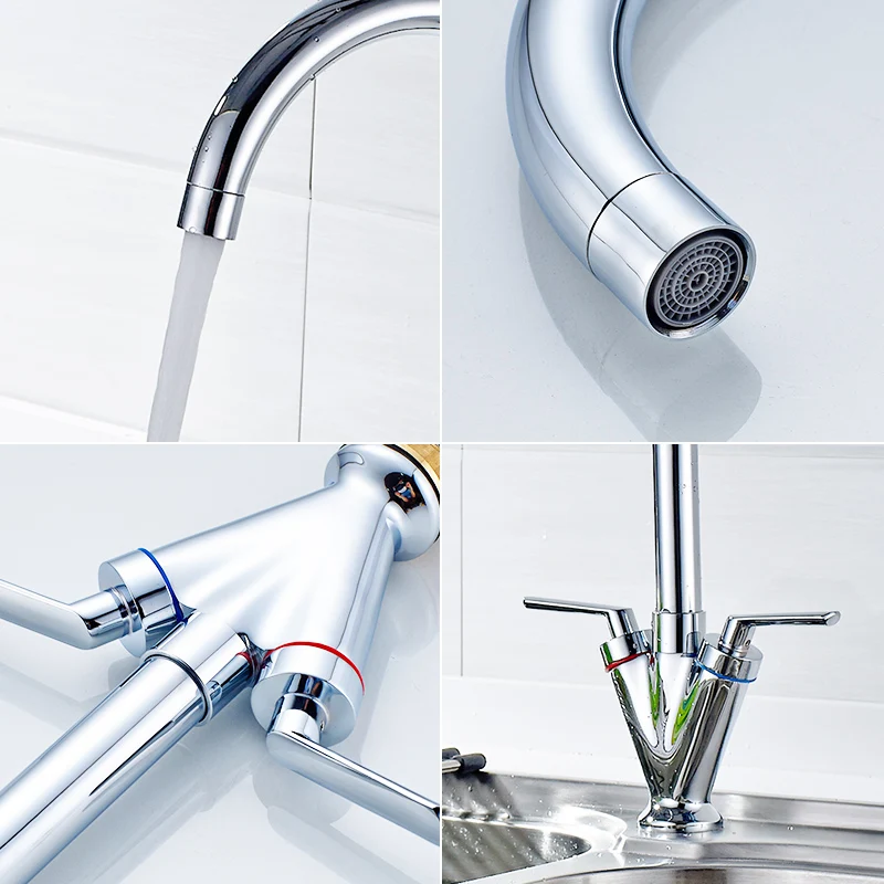 Fapully Dual Handle Kitchen Sink Tap Deck Mounted Chrome kitchen mixer 360 Degree Rotating Swivel Cold Hot Kitchen Faucets 