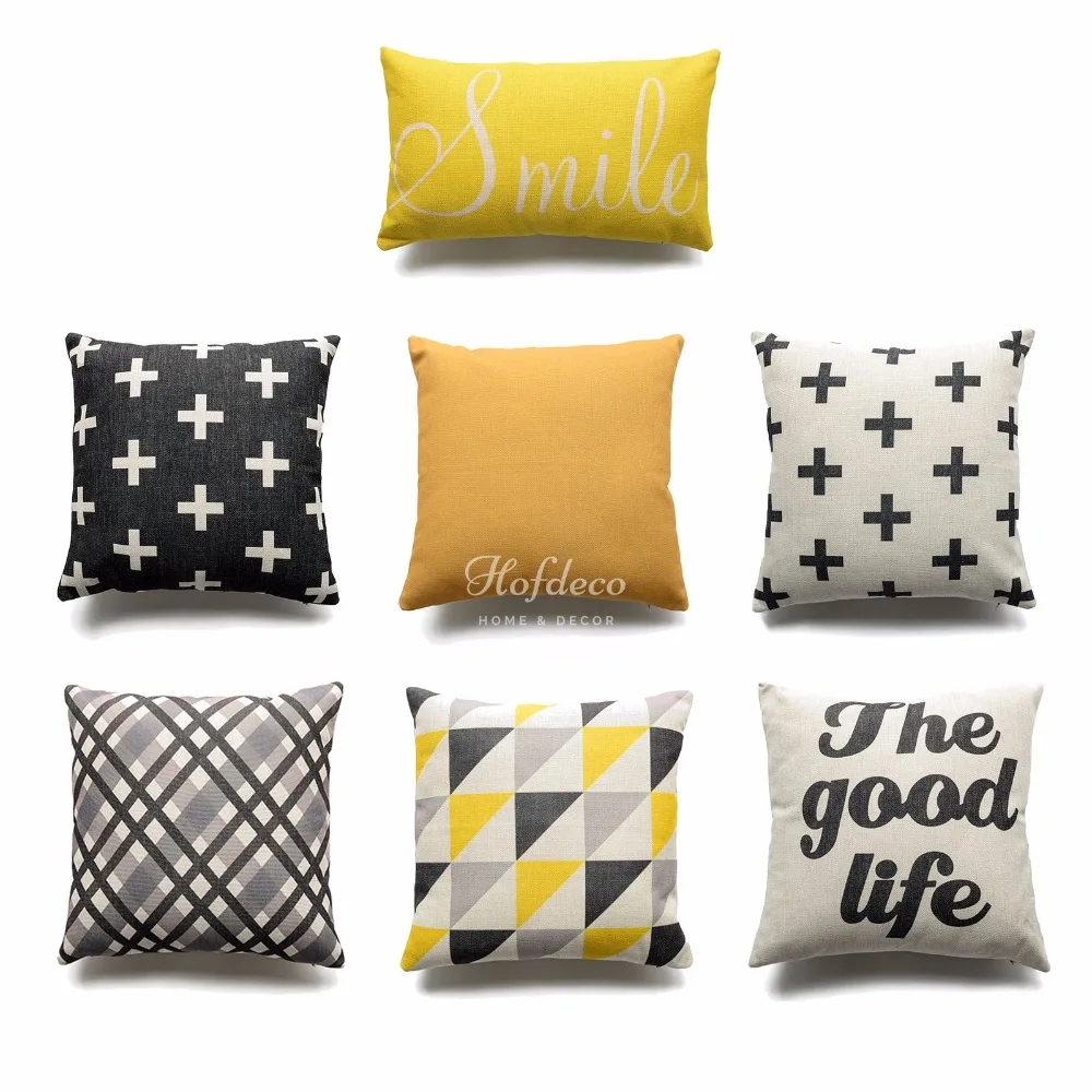 decorative throw lumbar pillow case smile good life yellow black geometric cotton linen heavy weight fabric - Decorative Lumbar Pillows decorative throw lumbar pillow case smile good life yellow black geometric cotton linen heavy weight fabric - Decorative Lumbar Pillows