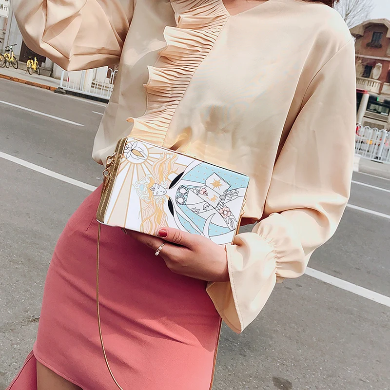 المألوف النفط اللوحة الكرتون خمر مربع نمط السيدات حزب حقيبة صغيرة حقيبة كتف حمل Crossbody البسيطة حقيبة ساعي F