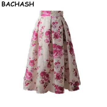 

BACHASH Women Fashion Pink Flower Printed Pleated Midi Skirt 2018 Spring Summer Autumn Ladies Skater Skirts Saia Femininas S-XL