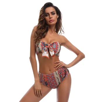 

High Waist Bikini 2018 Women Bandeau Bikini Set Plaid Vintage Swimwear Biquini Wrinkle Swimsuit Bow Bath Suit Maillot De Bain