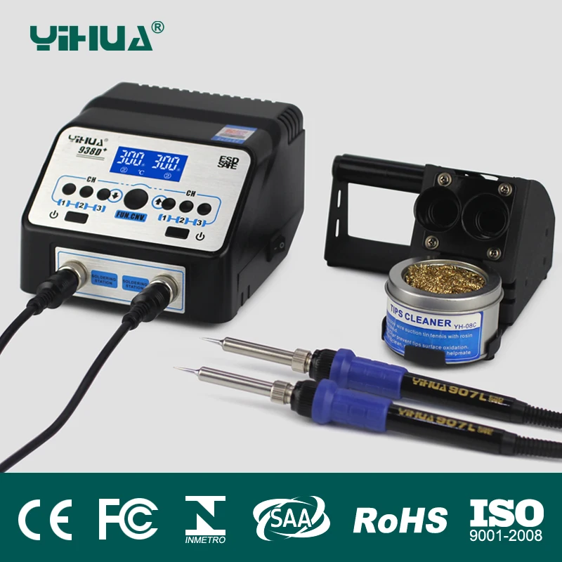 110V/220V EU/US PLUG YIHUA 938D+ SMD Dual soldering iron soldering station LED Display SMD Rework Soldering Station