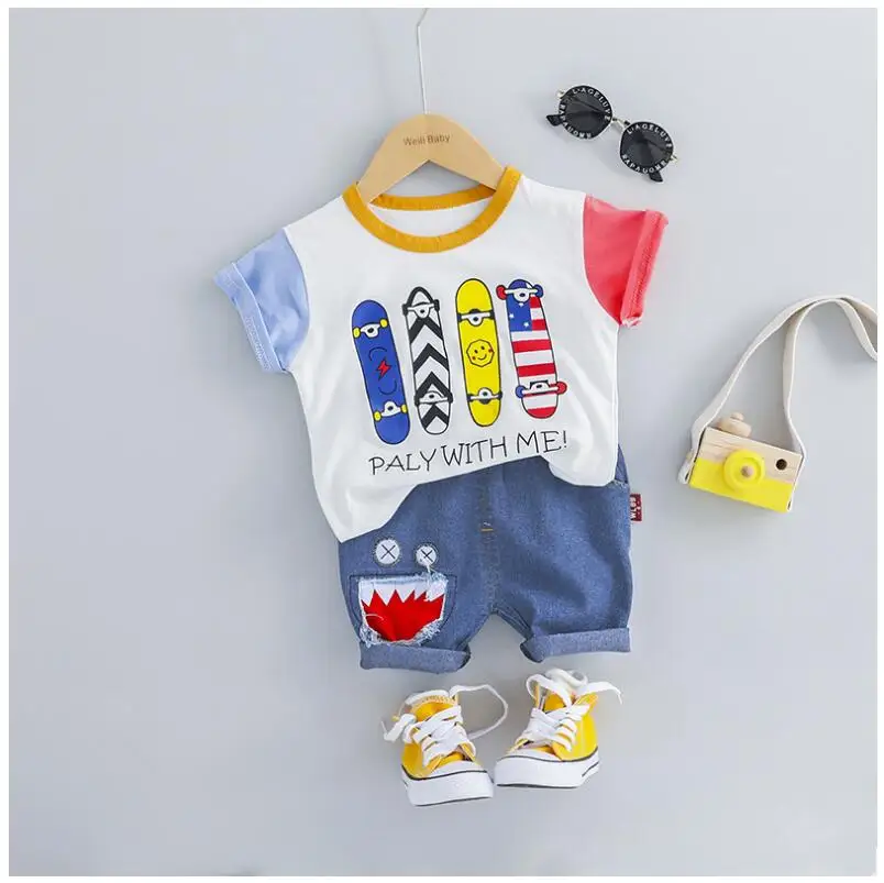 

2019 Summer Baby Boys Clothing Sets Infant Toddler Clothes Suits Cartoon T Shirt Strap Shorts Kids Children Casual Suit