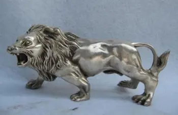 

China Folk Refined white Copper Silver Feline animal Ferocious Male lion Statue