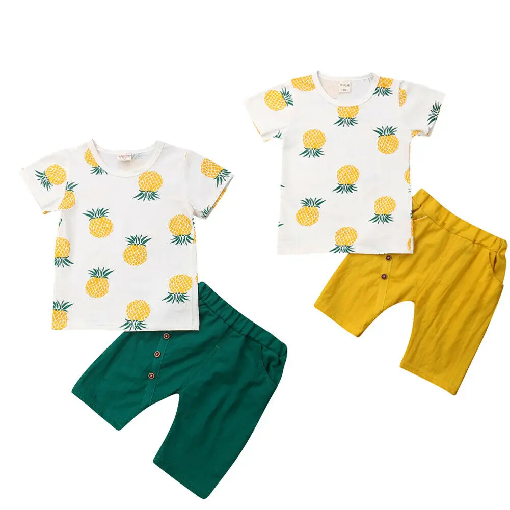 

Toddler Boys Summer Outfits Pineapple Print Cotton Top Solid Color Shorts with Small Cute Buttons 2Pcs Clothes Set