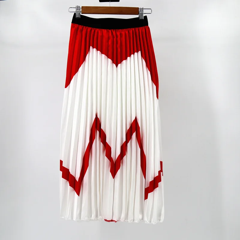 

Streetwear Rainbow Discoloration Silk surface Retro Women Skirts High Street Style A-Line Striped Pleated Long Skirts