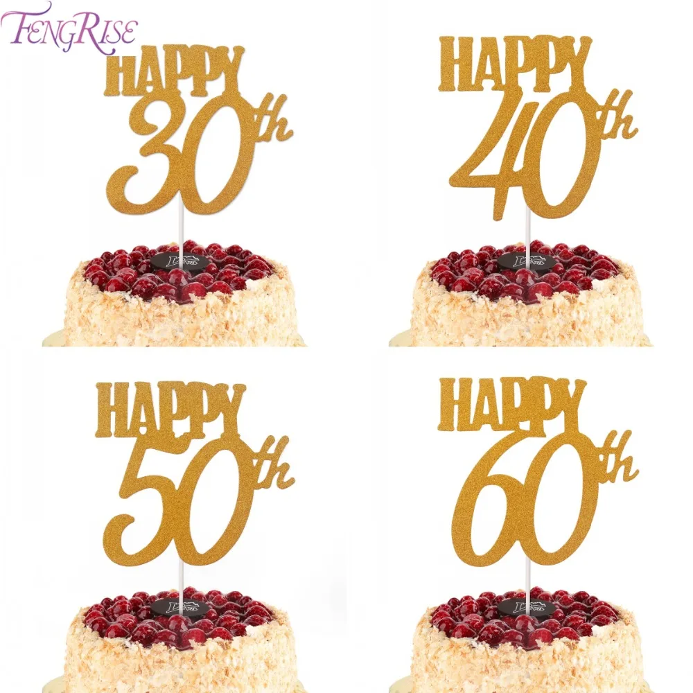 

FENGRISE 1pc Gold Happy Birthday 30/40/50/60th Cake Topper Glitter 30th 40th 50th 60th Anniversary Supplies Party Decorate