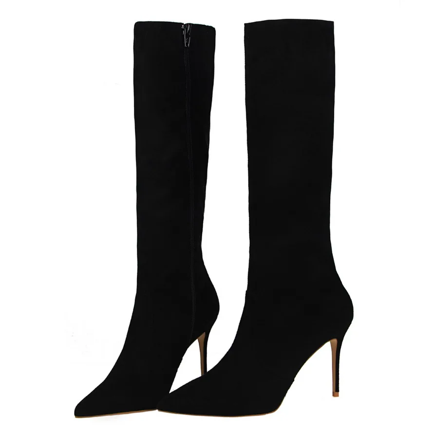 

New Fashion Woman Solid Color Black Pointed Toe Thin Heels Knee High Boots Concise Sexy Nightclub Party Winter Shoes SMYDS-B0156
