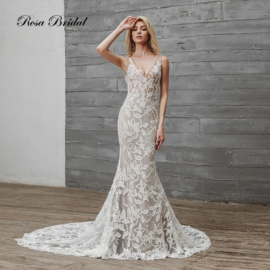 

Rosabridal 2019 Mermaid wedding dress The Little Mermaid sexy Deep V neck and backless lace appliques ivory lace over nude tulle