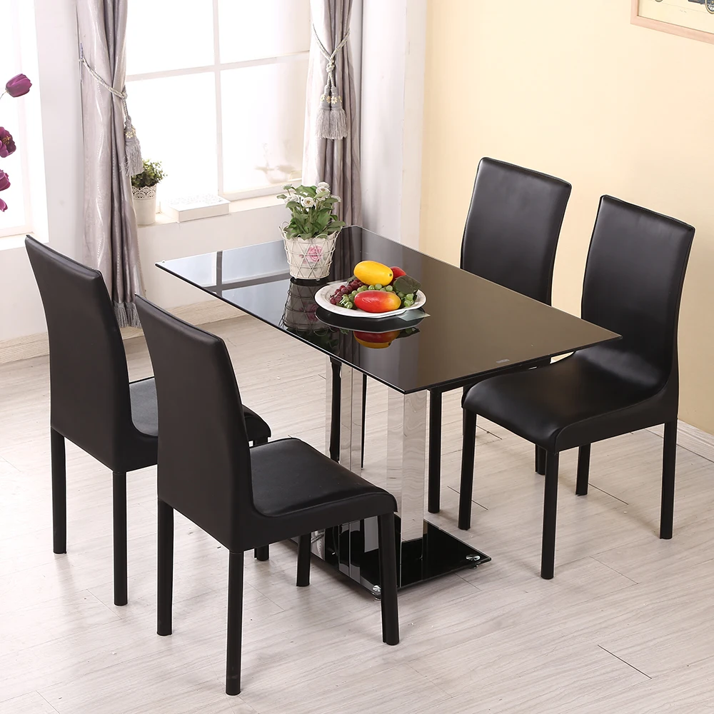 Panana جديد 120 سنتيمتر أسود عالي اللمعة الزجاج الكروم طاولة طعام 4 كراسي جلدية مقاعد الأثاث سريع مجاني