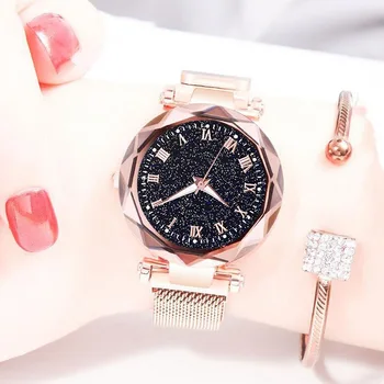 

Luxury Rose Gold Luminous Women Watches Fashion Ladies Starry Sky Magnetic Watch Casual Mesh Steel Rhinestone Female Wristwatch