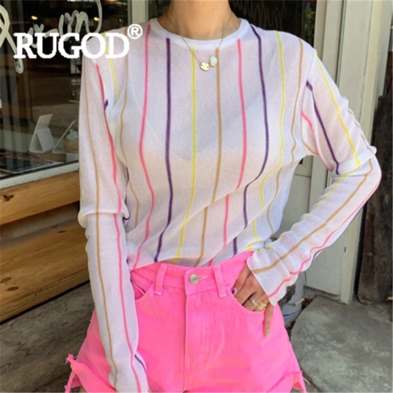 

RUGOD Women striped color t-shirt o-neck long sleeve slim thin knitted tee 2019 new arrival fashion female sweet ins korean top