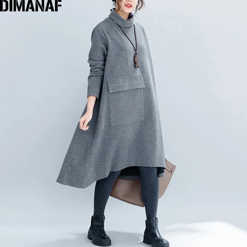 DIMANAF, женские платья больших размеров, зимние, из плотного хлопка, Женская свободная одежда, повседневная, для девушек, Vestidos, водолазка, в полоску, с карманами - Цвет: CCJ95250CN