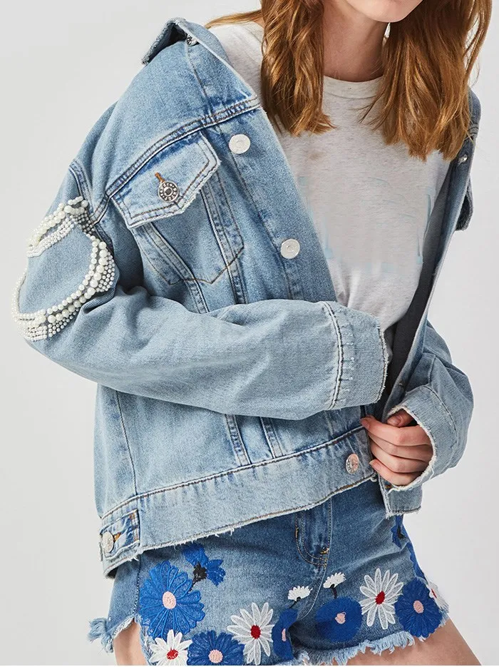 Vintage Perle En Jeans 2018 Veste Bleu Femmes Manches À Lâche Jean Broderie Longues Floral Perles Bomber w8fw4q