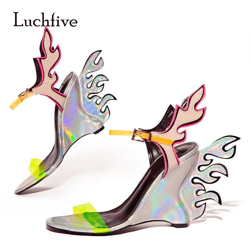 

Stylish Flame-Shaped Wedge Sandals Mixed Color Relective PVC Patchwork Gladiator Shoes Women Summer High Heel Sandals