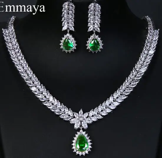 Роскошь emmaya AAA кубический циркон 4 цвета капли воды свадебные серьги ожерелье для женщин Свадебные Ювелирные наборы вечерние аксессуары - Окраска металла: green