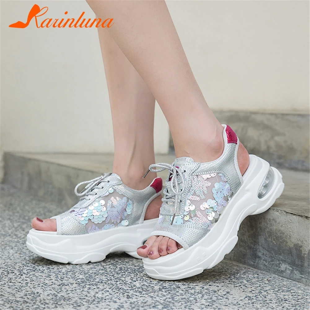

KARINLUNA Brand New Big Size 35-41 Bling women's Genuine Leather Lace Up Women Shoes Woman Casual Soft Summer Sandals 2019