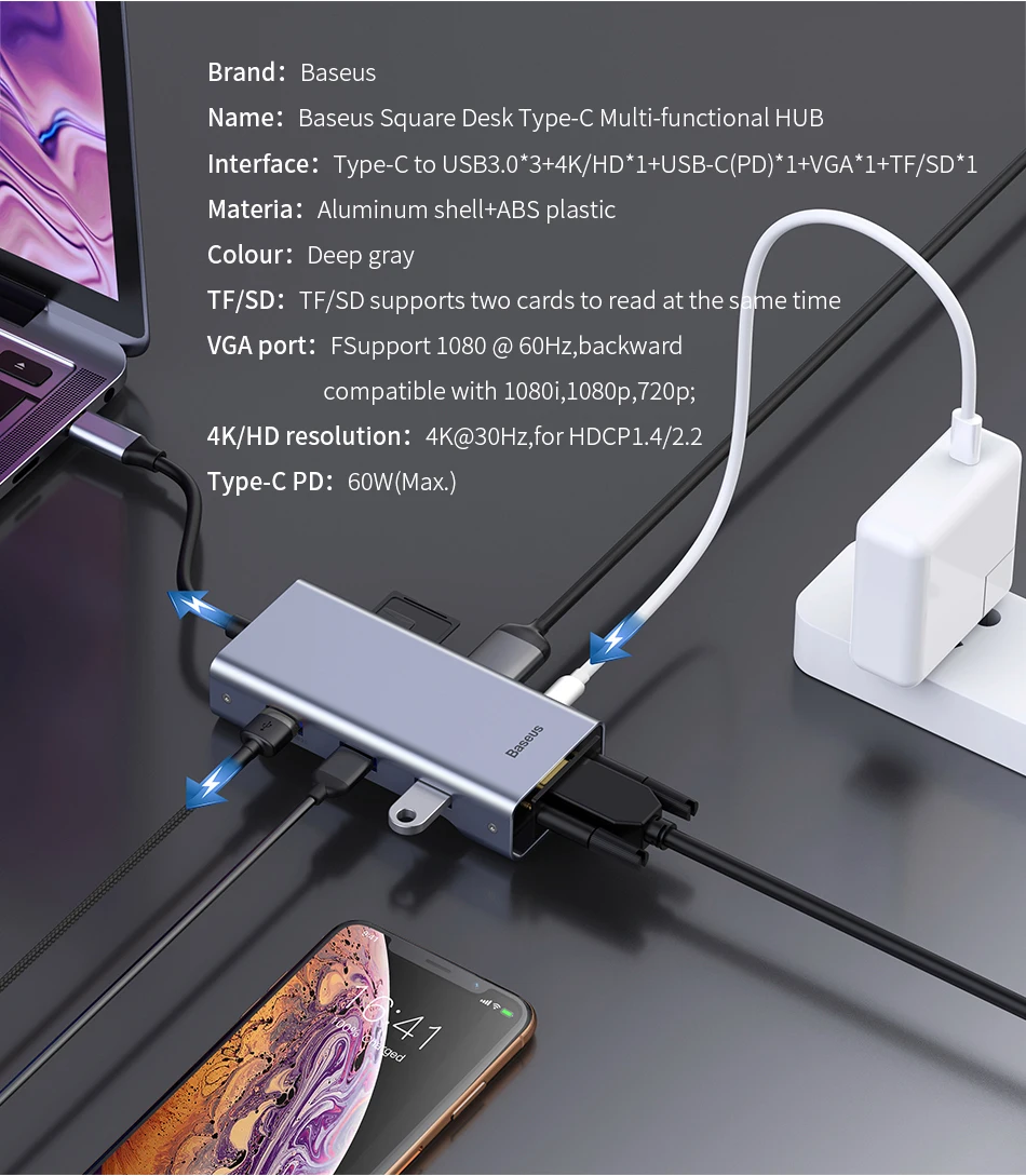 Baseus USB C концентратор type C к HDMI VGA RJ45 USB3.0 концентратор Мульти USB 3,0 type-c концентратор адаптер питания для MackBook Pro воздушный USB-C сплиттер