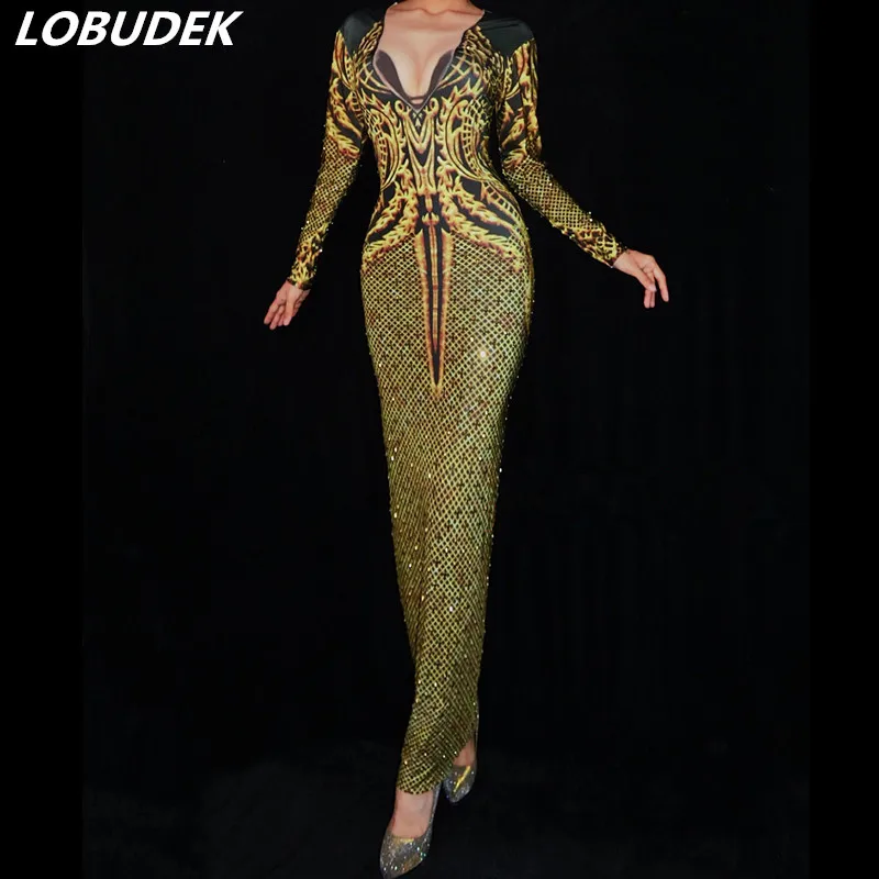 

Female Prom Party Sexy Long Dress Gold Rhinestones Skinny Dress Star Concert Show Birthday Celebration Performance Stage Costume