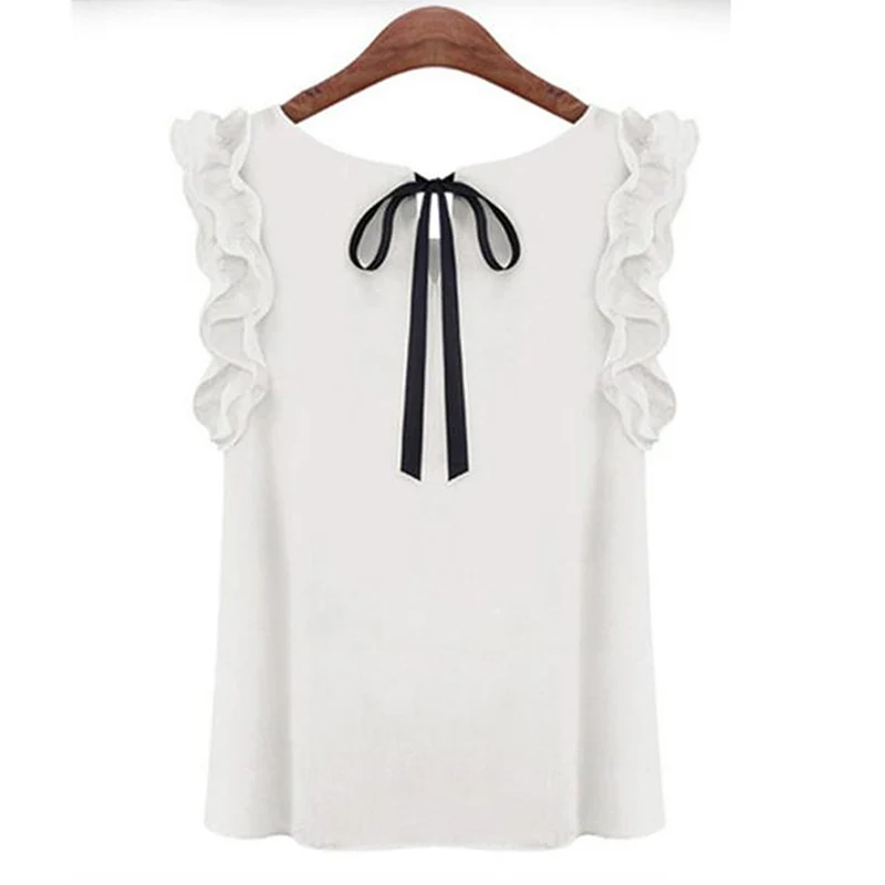 

Women Loose Chiffon Shirts Round Collar Short Ruffle Sleeve Bow Casual Blouse Tops Solid Color Blouses