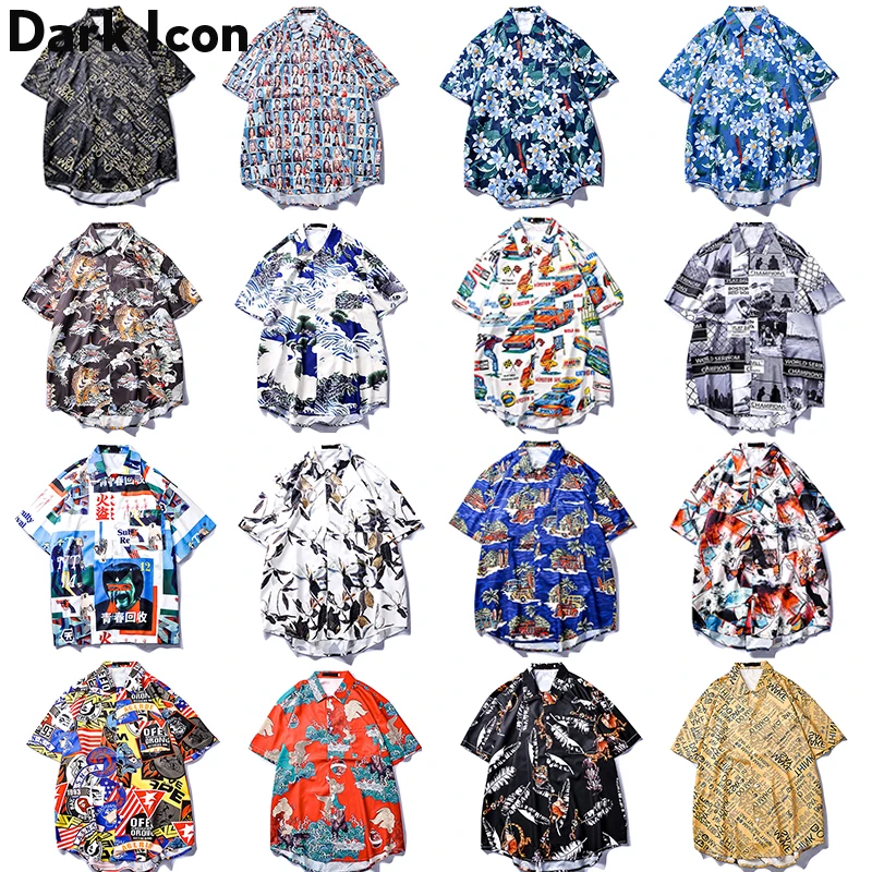 Dark Icon Full Printed Hawaii Shirts Men Turn-down Collar Street Hip Hop Oversized Men's Shirts Streetwear Clothing