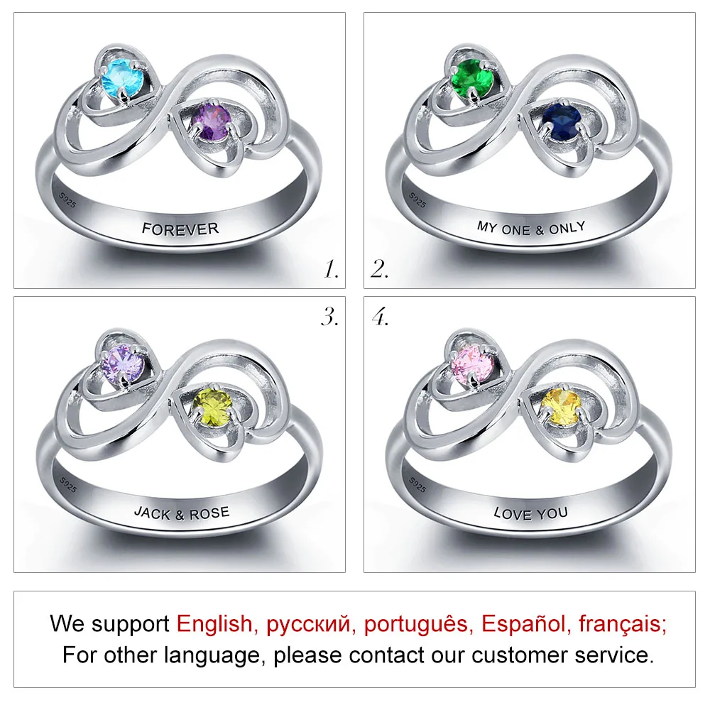 Personalized Engrave Birthstone Jewelry Heart Stone Name Ring 925 Sterling Silver infinity Love Rings (JewelOra RI101959)