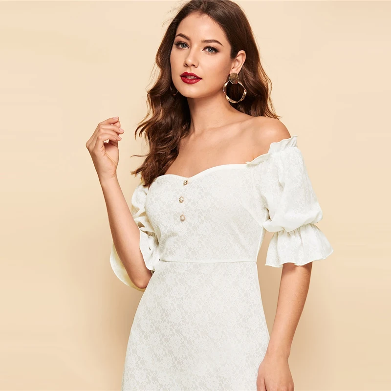 SHEIN Расклешенное Платье На Пуговицах С Оригинальным Рукавом И Оборкой Женское Летнее Летнее Платье С Средним Рукавом И Открытым Плечом